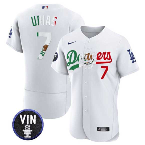 Men%27s Los Angeles Dodgers #7 Julio Urias White Mexico Special Vin Scully Patch Flex Base Stitched Jersey Dzhi
